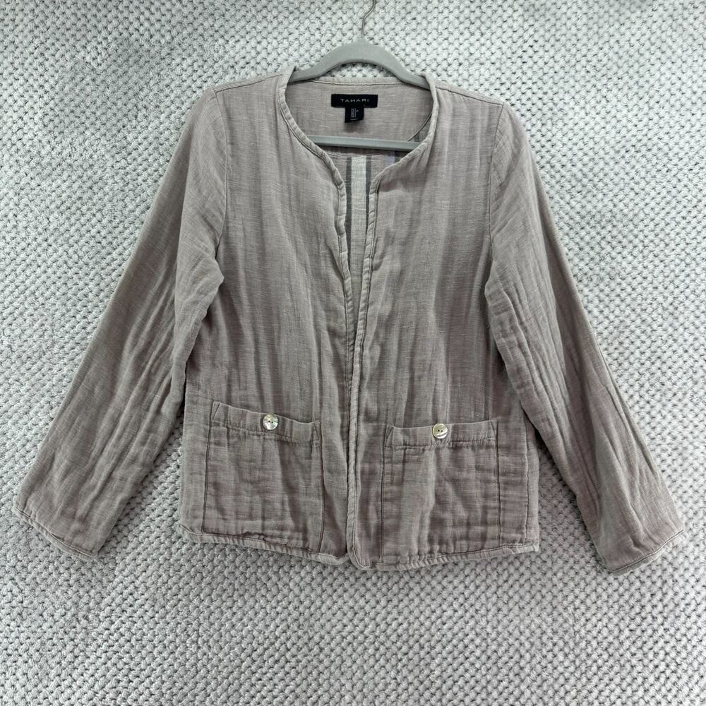Tahari Cardigan Womens S Gray Beige Linen Cotton Open Front Pockets Lageenlook